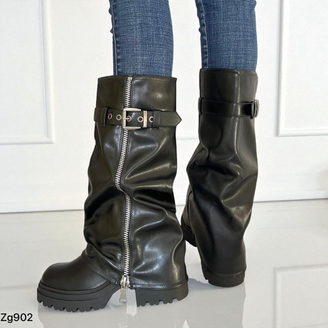 Bota caña media negro doblez detalles plomo tacon 7cm 2P9C-X59032-03 C-24